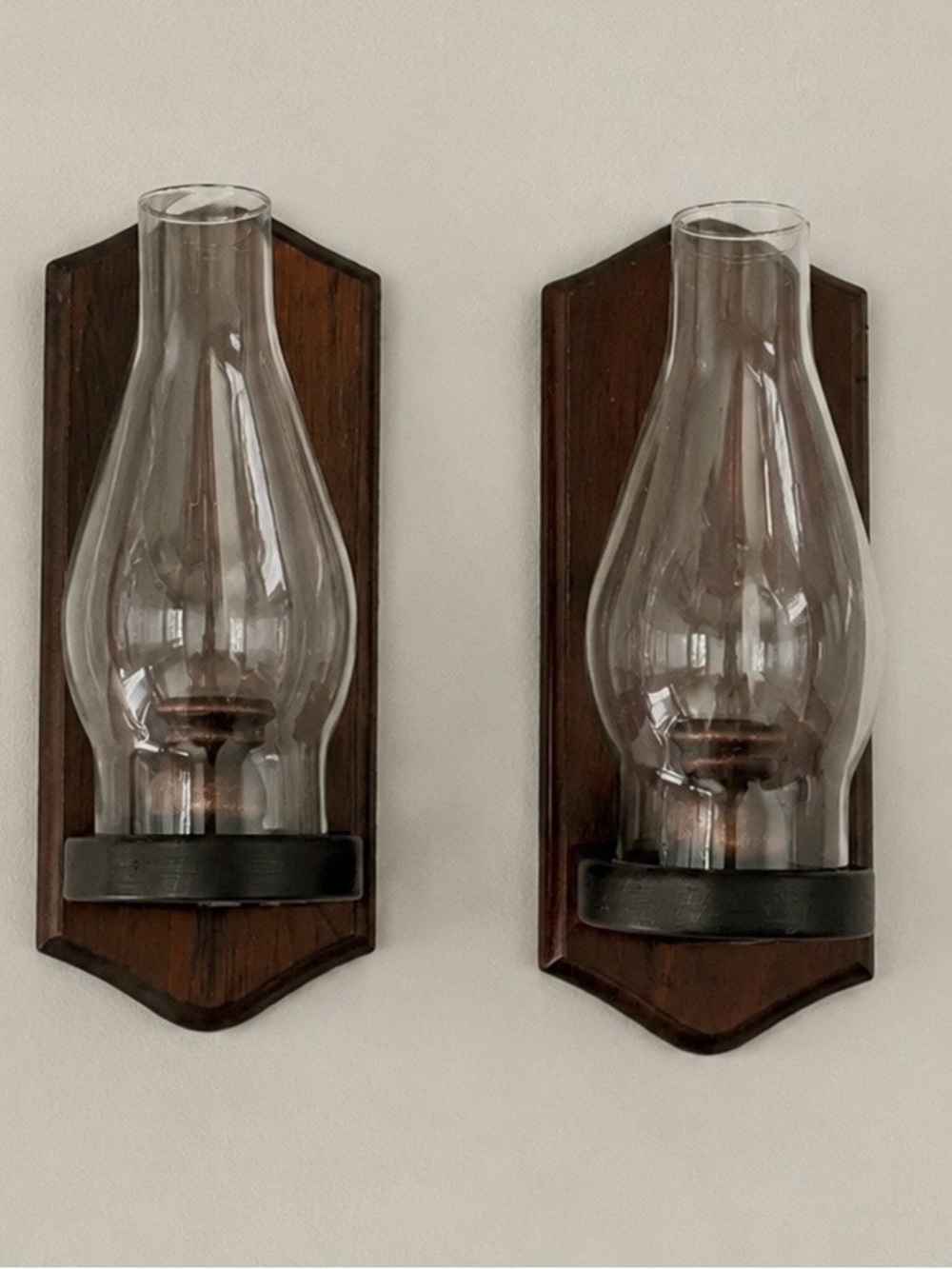 Vintage wooden wall sconces with clear glass hurricane cover